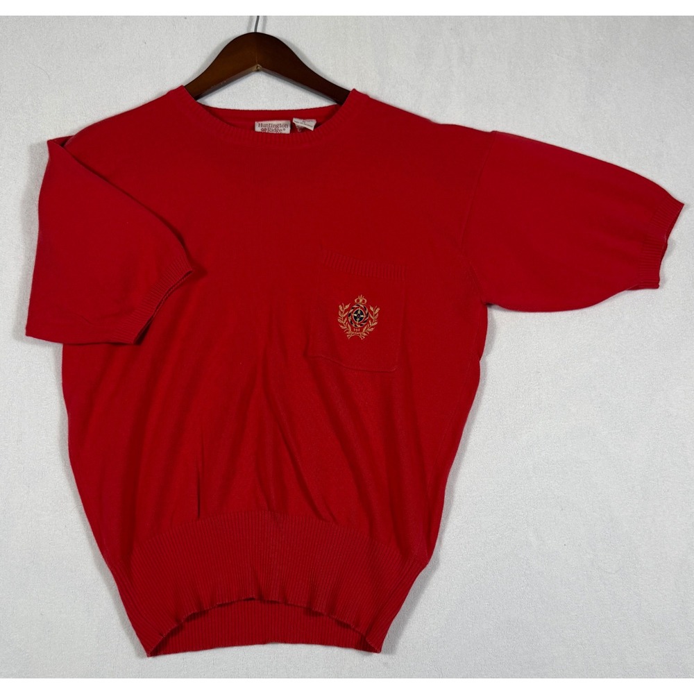 Vintage Huntington Ridge Red Cotton Short Sleeve Crest Pocket Sweater Medium